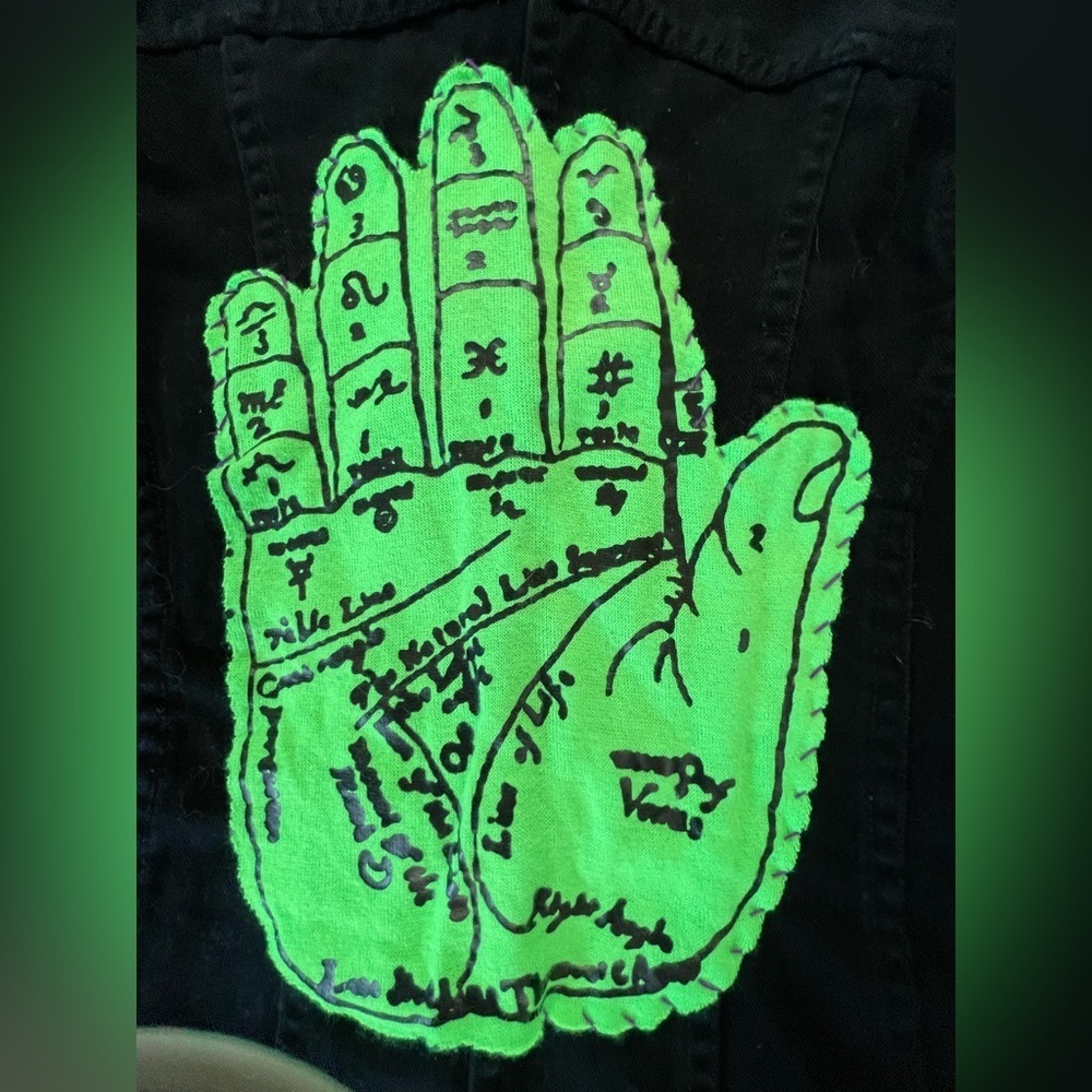 ETAM Unique Black Denim Jacket with Neon Palm Reading Patch on Back. - Picture 6 of 10